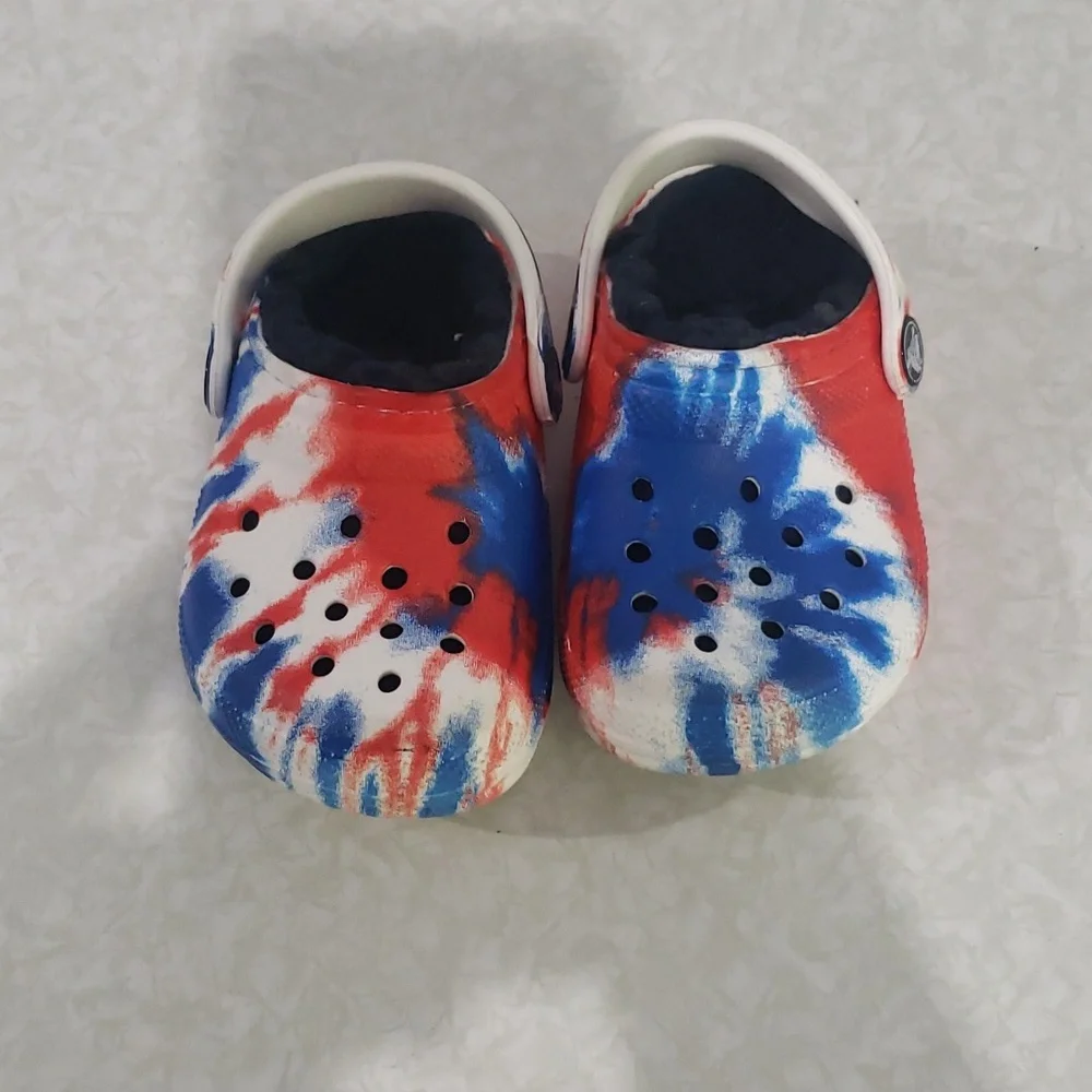 Toddler Crocs Red White‎ Blue Tie Dye Fur Lined Clog Shoes size C5
